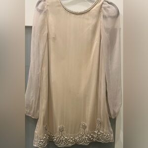 ARC and CO. Elegant Cream Pearl Beaded Dress w/ Sheer Sleeves Size Small